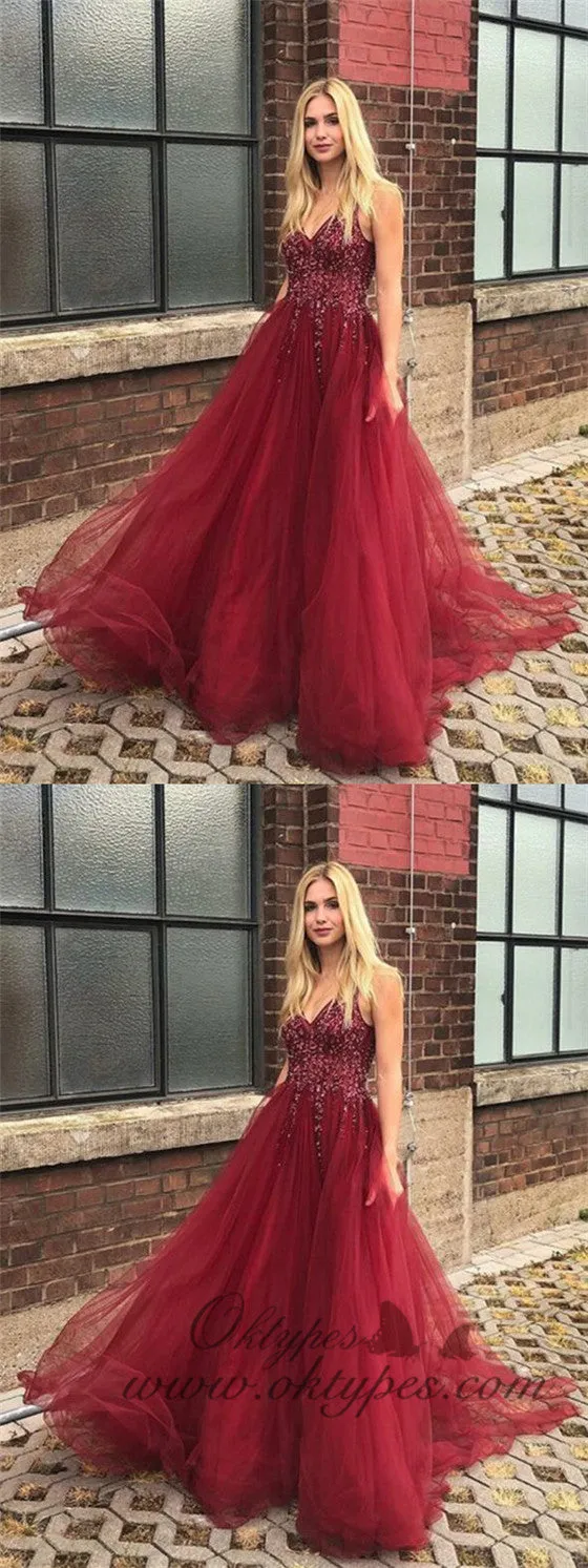 Burgundy V-neck Beading Bodice Long Tulle Prom Dresses, TYP1603