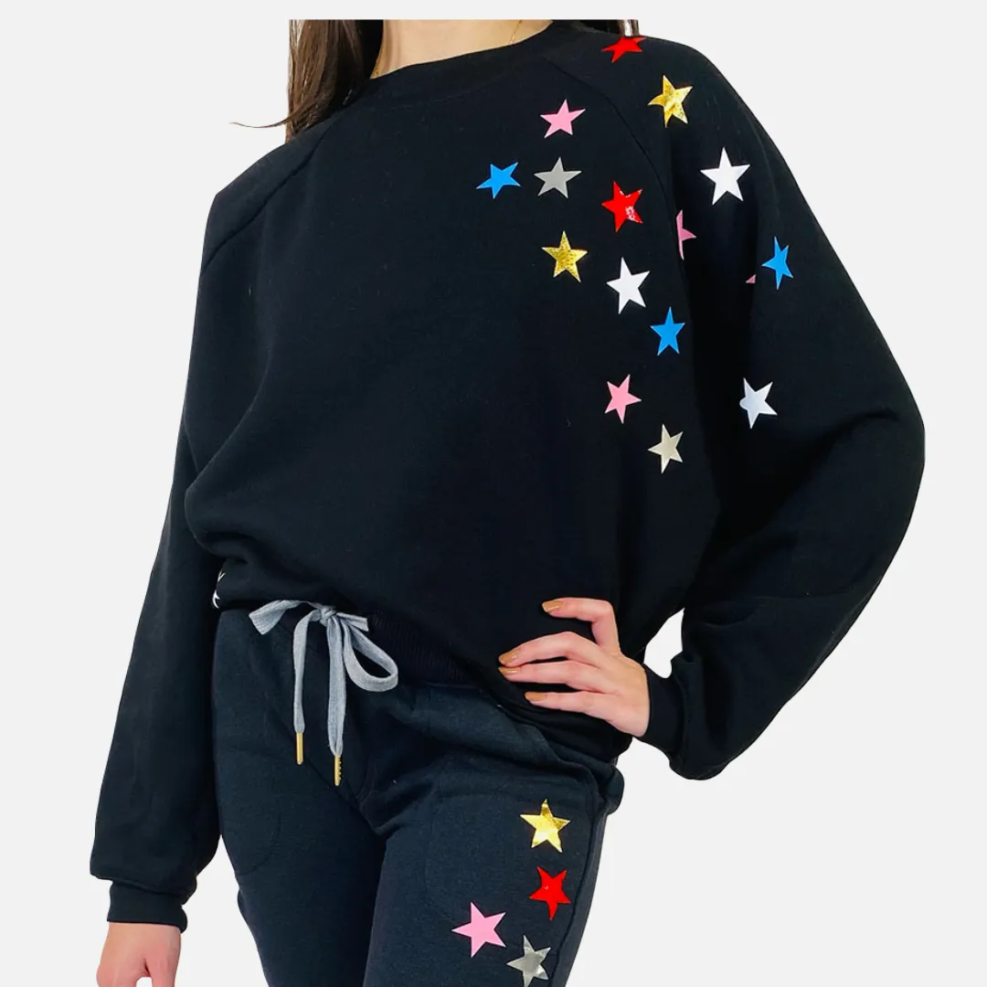 Casey Black Sweatshirt - Metallic Pink & Blue Stars