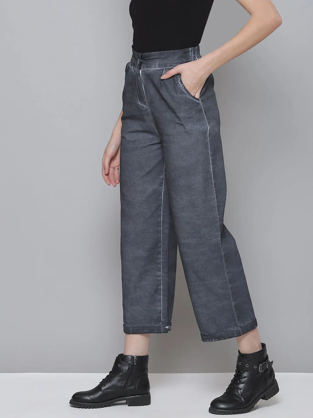 Charcoal Grey Twill Pigment Wash Straight Pants