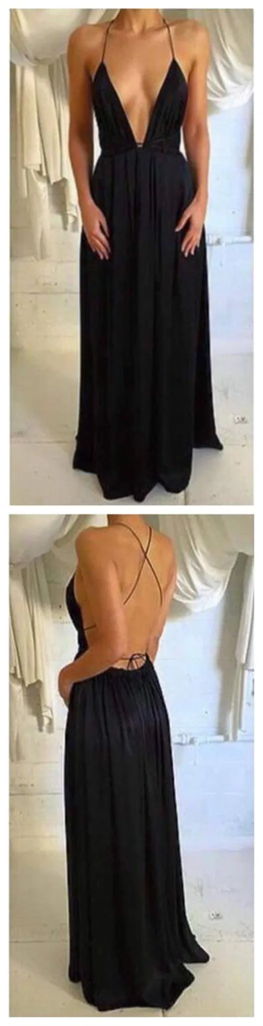 Cheap Long Black Spaghetti Straps Simple Deep V-neck Open Back Sexy Party Prom Dress,PD0060