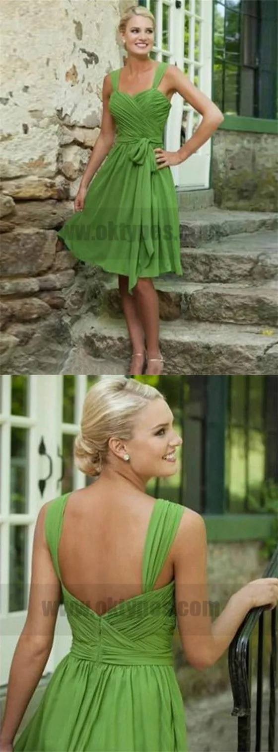 Cheap Short Green Spaghetti Strap Bridesmaid Dresses, Zipper Backless Bridesmaid Dresses, TYP0727