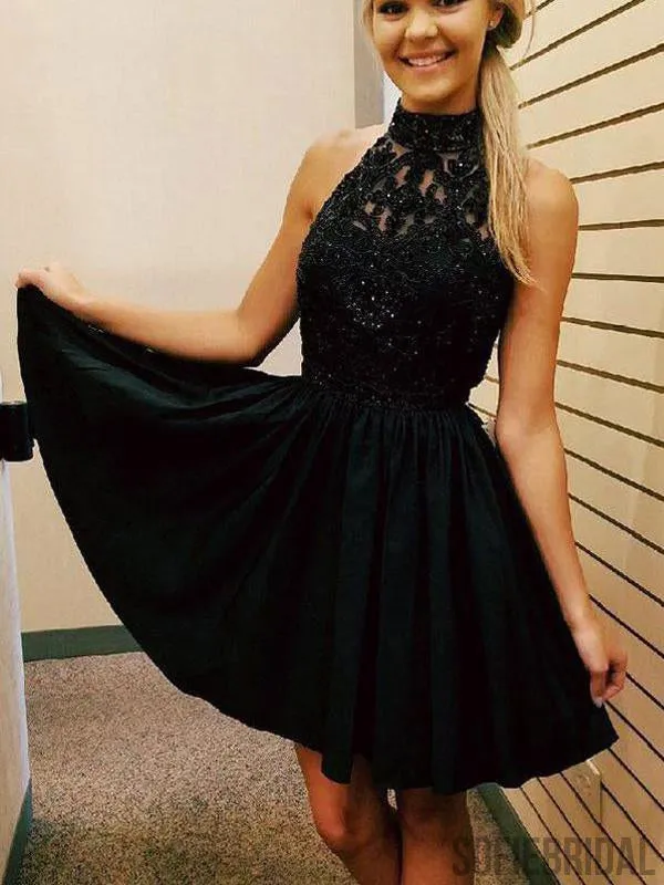 Cheap Short Lace Beaded Halter Black Homecoming Dresses 2018, CM481