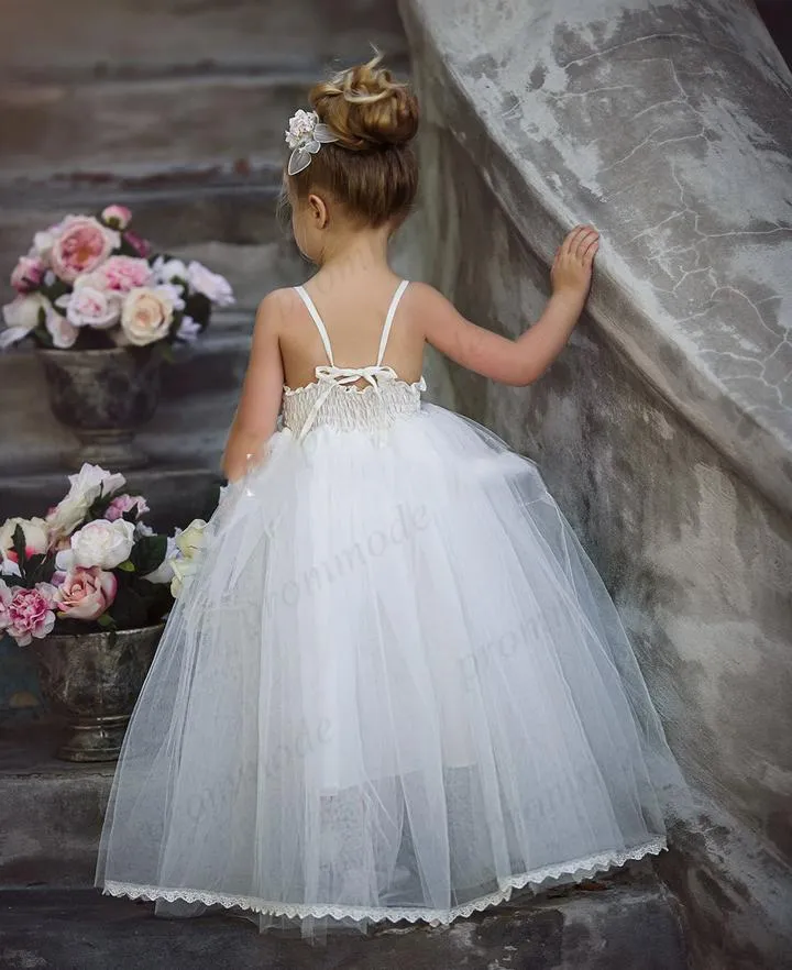 Cheap Tulle Spaghetti Straps Beaded Long Flower Girl Dresses For Wedding Party,FGY0175