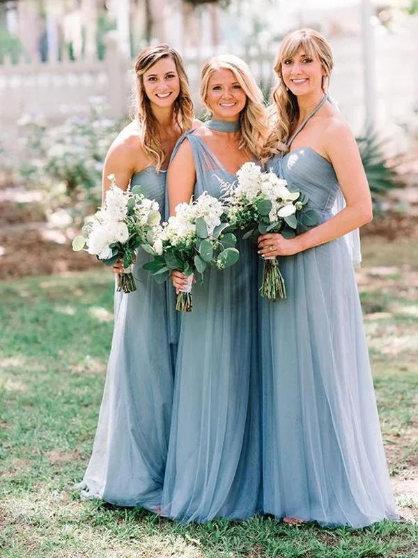 Convertible Long A-line Dusty Blue Tulle Bridesmaid Dresses