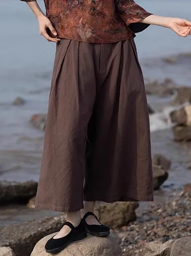 Cotton Linen Wide Leg Pants in Dark Brown