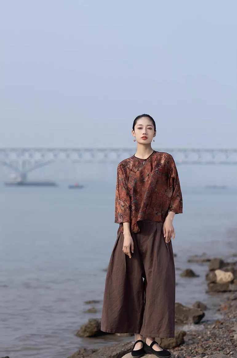 Cotton Linen Wide Leg Pants in Dark Brown