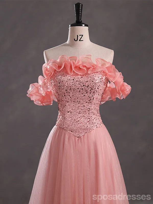 Cute Pink A-line Off Shoulder Cheap Long Prom Dresses Online,12997