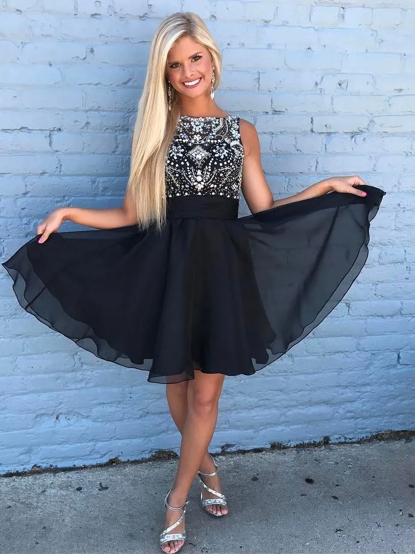 Cute Rhinestone Beaded Chiffon Short Black Homecoming Dresses 2018, BDY0173