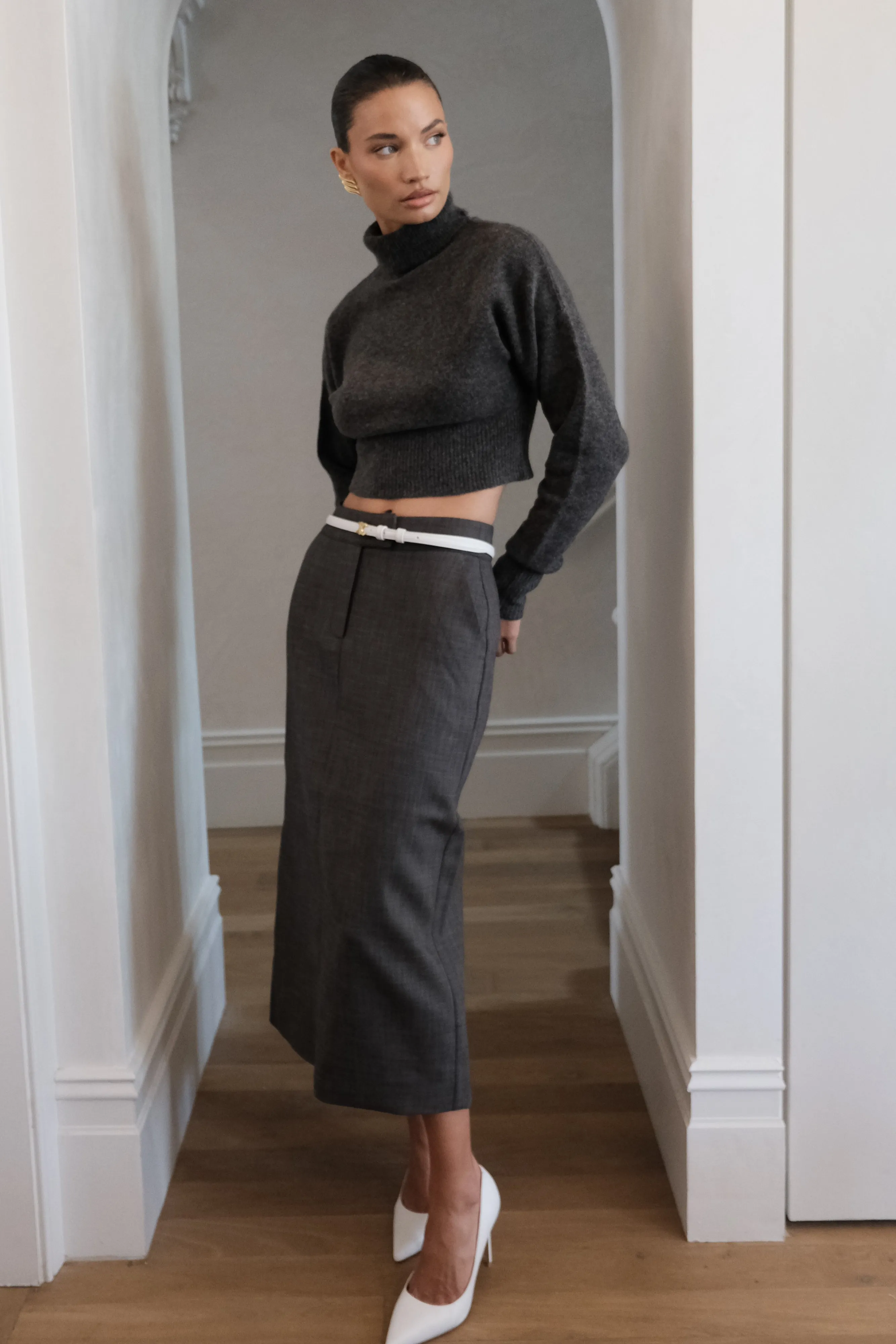 Darius Turtleneck Knit Crop Top - Charcoal Marle