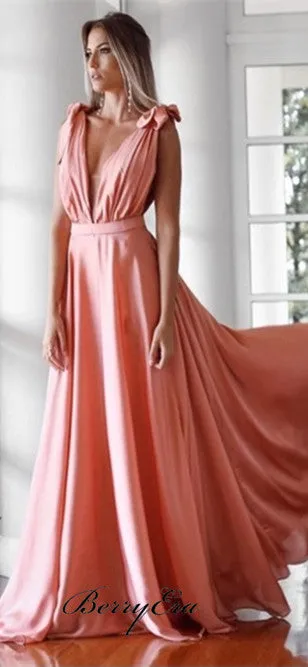 Deep V-neck Long A-line Prom Dresses, Peach Prom Dresses, Popular Prom Dresses