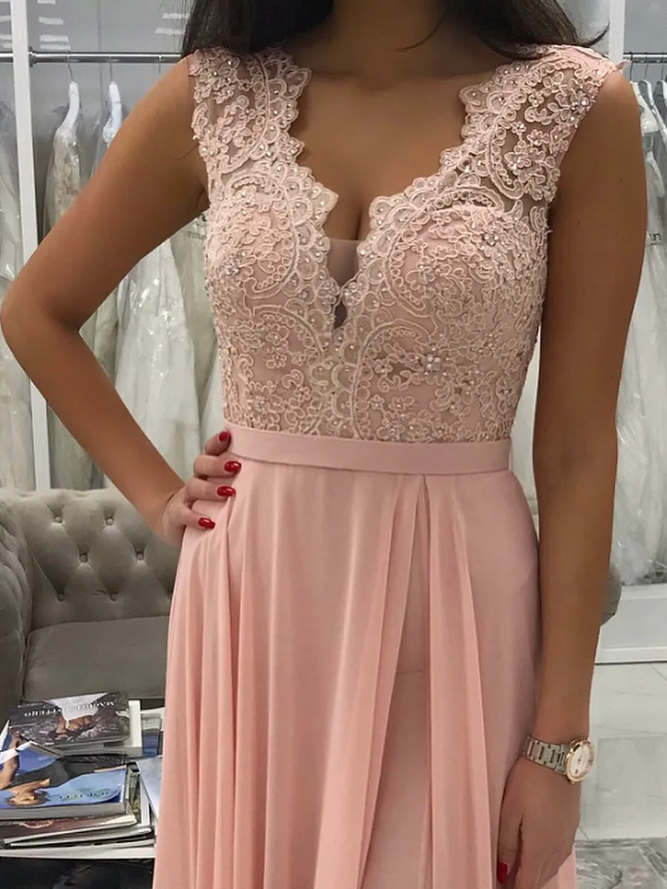 Delicate Chiffon V-neck Neckline A-line Prom Dresses With Beaded Appliques PD112