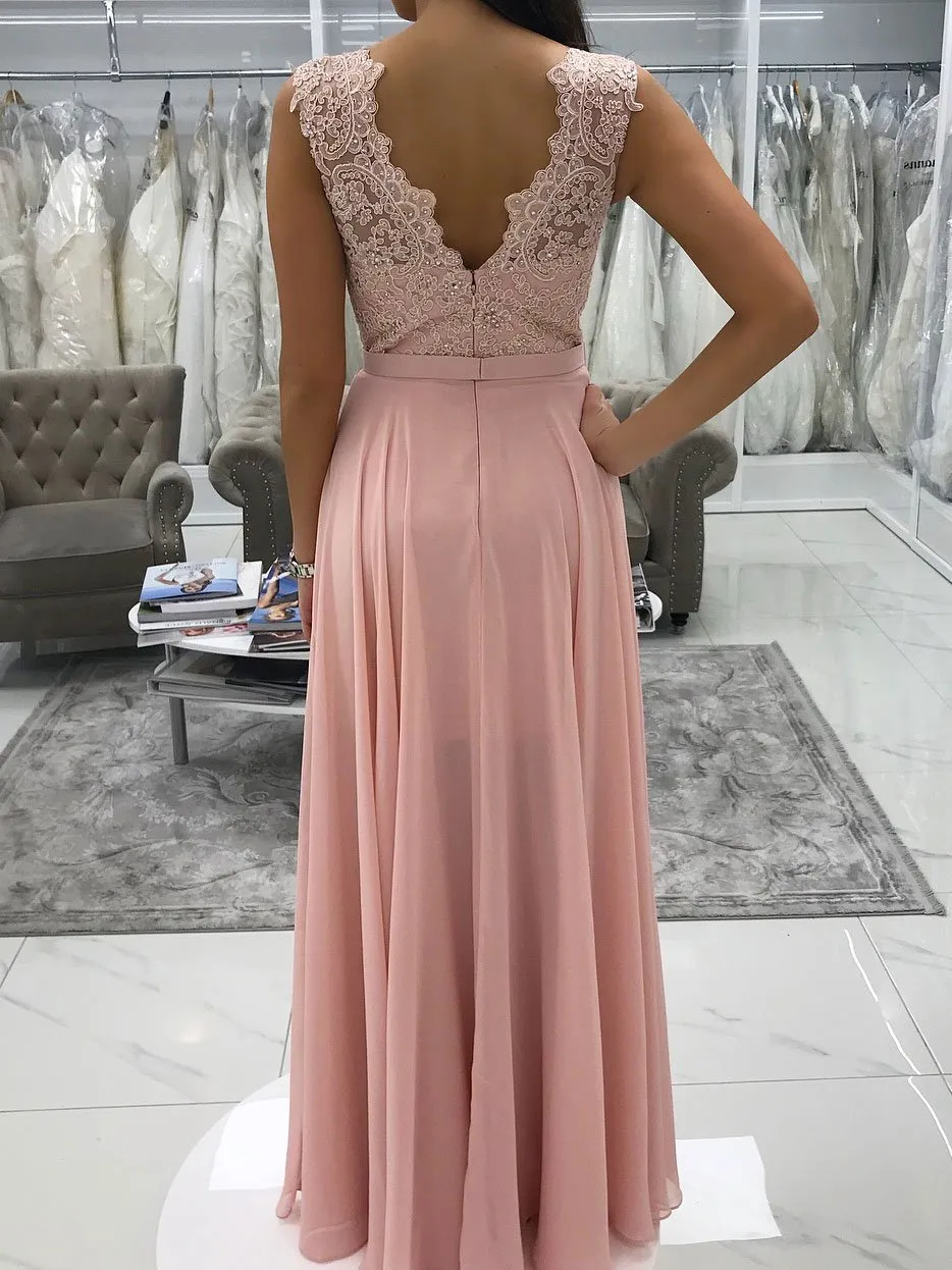 Delicate Chiffon V-neck Neckline A-line Prom Dresses With Beaded Appliques PD112