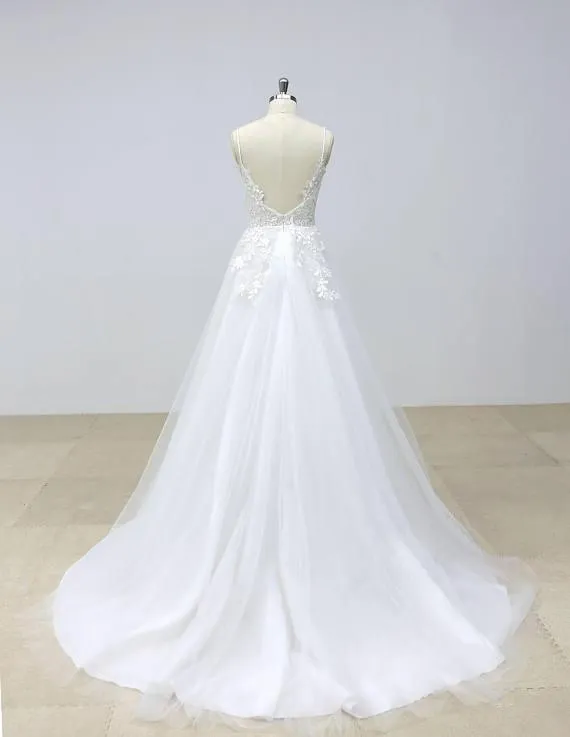 Elegant Backless Lace V Neck Tulle A-line Cheap Wedding Dresses Online, WD390