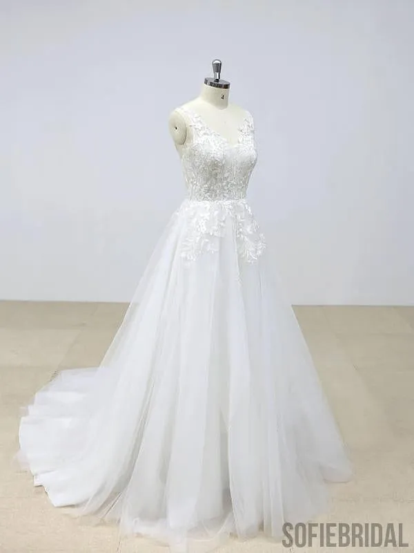 Elegant Backless Lace V Neck Tulle A-line Cheap Wedding Dresses Online, WD390