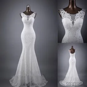 Elegant Sleeveless Mermaid Lace Up Popular White Lace Wedding Dresses, WD0142