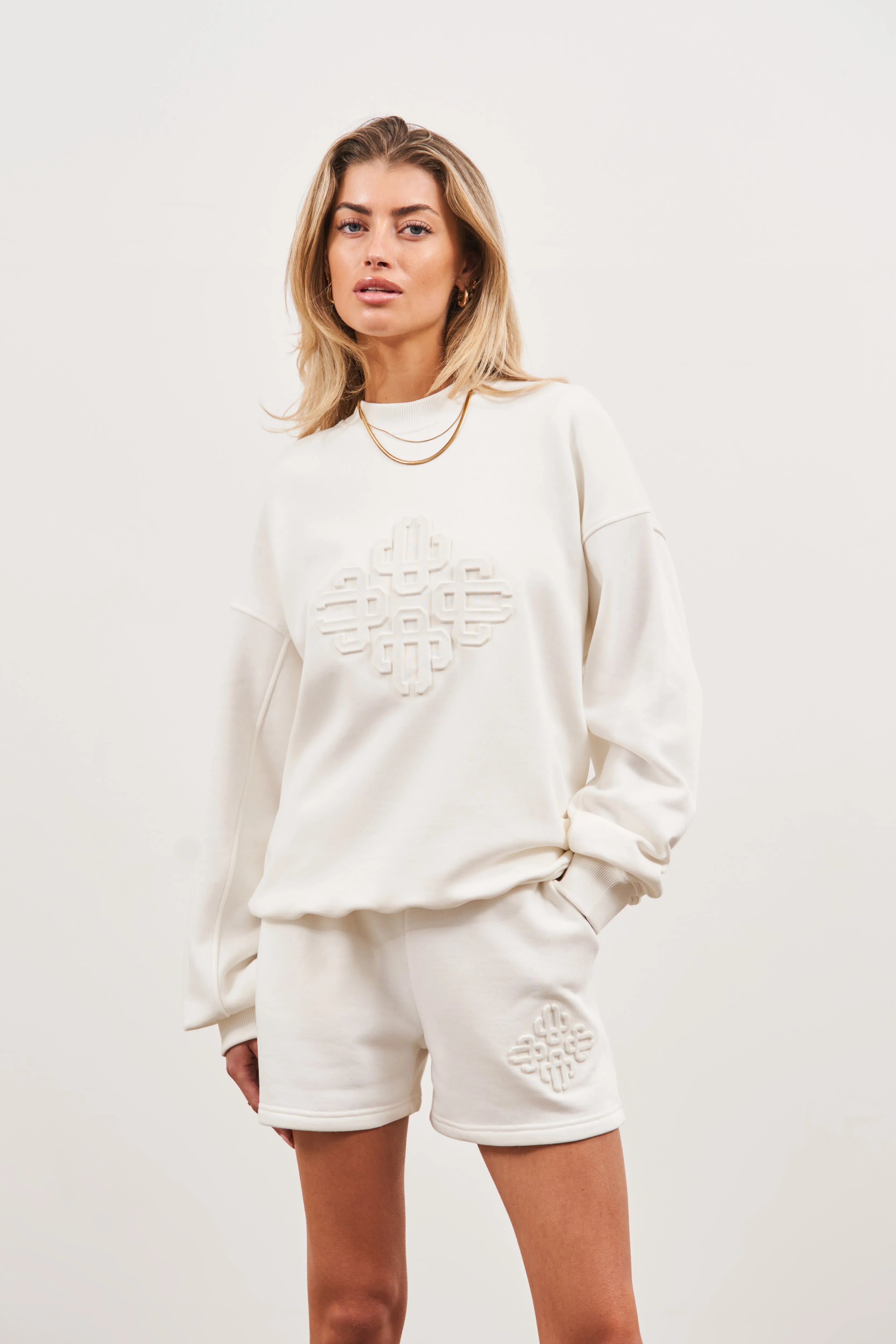 EMBLEM EMBOSSED OVERSIZED SWEATSHIRT - OFF WHITE