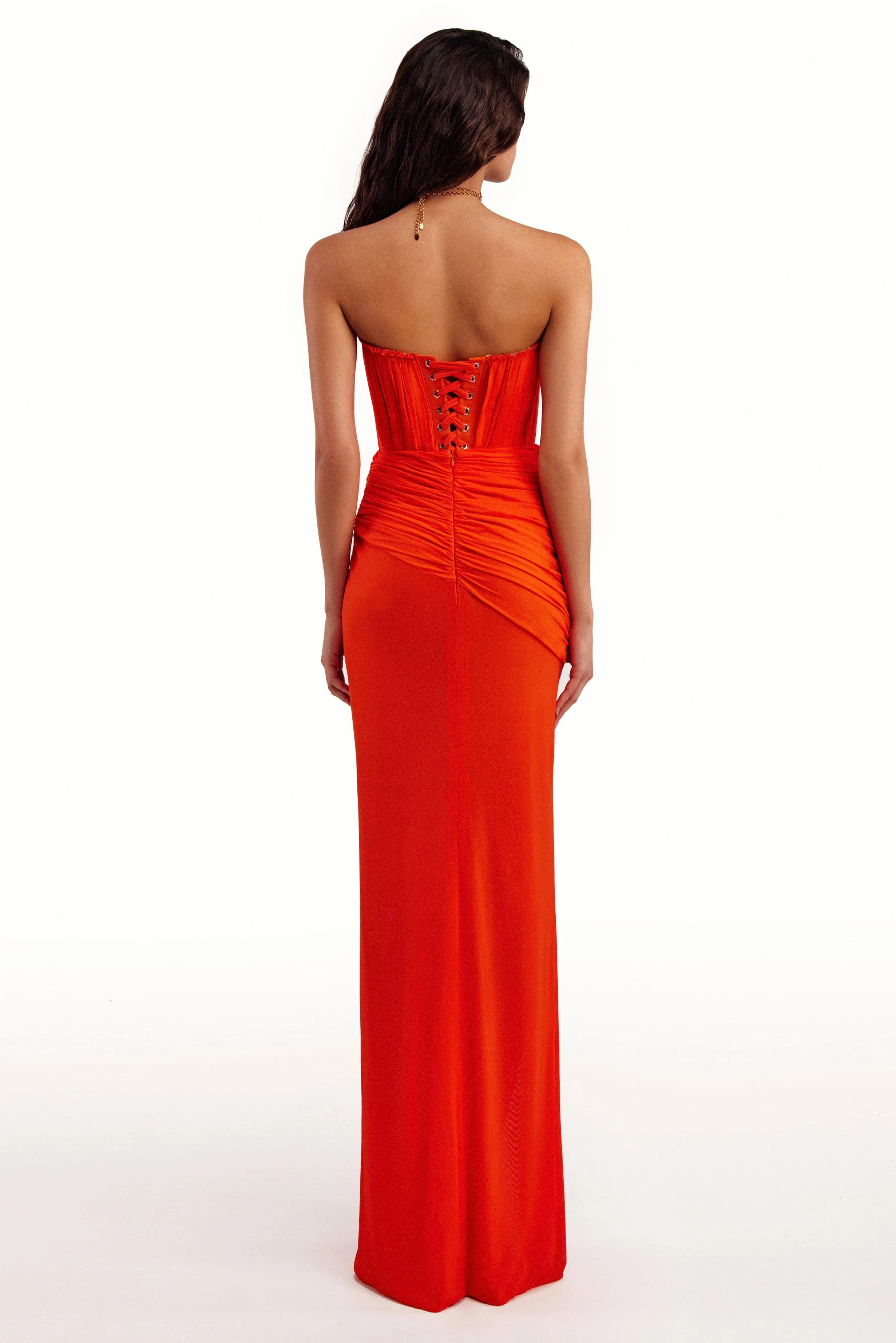 Flamboyant coral bustier maxi dress