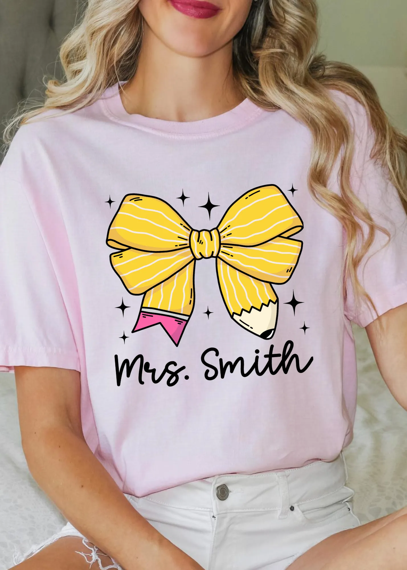 Glamfox  - Custom Teacher Name Pencil Bow Graphic Tee