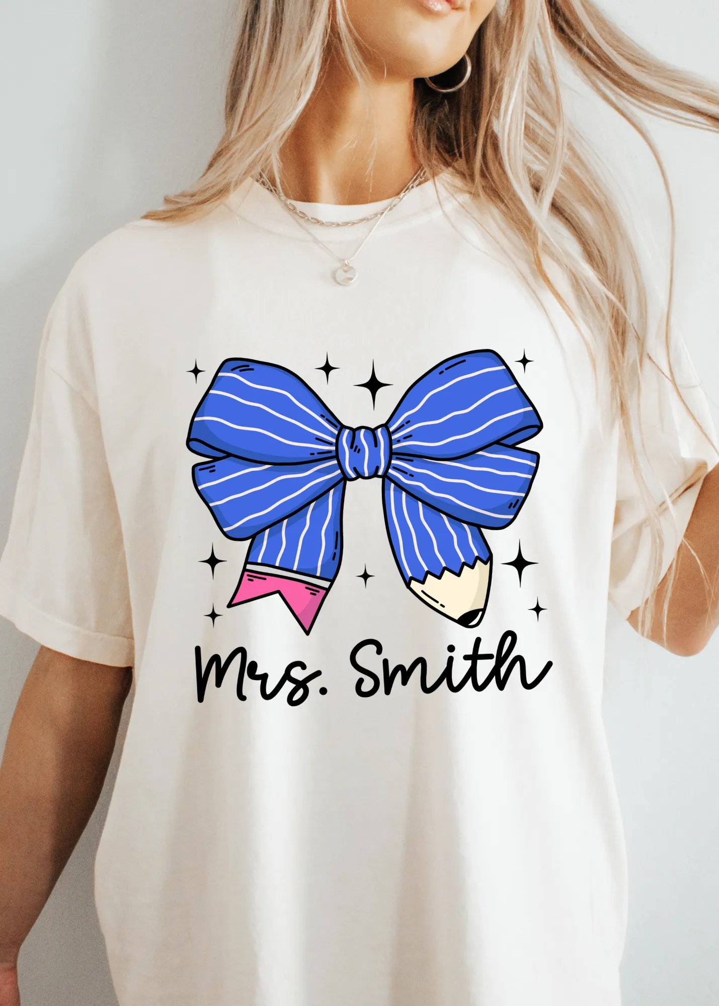 Glamfox  - Custom Teacher Name Pencil Bow Graphic Tee