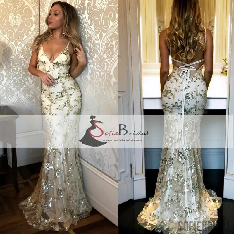 Gold Sequin Cross Back Sexy Mermaid Long Prom Dresses, New Arrival Evening Dresses, PD0376