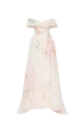 Stunning Off-The-Shoulder Pink Peony Maxi Dress, Garden of Eden