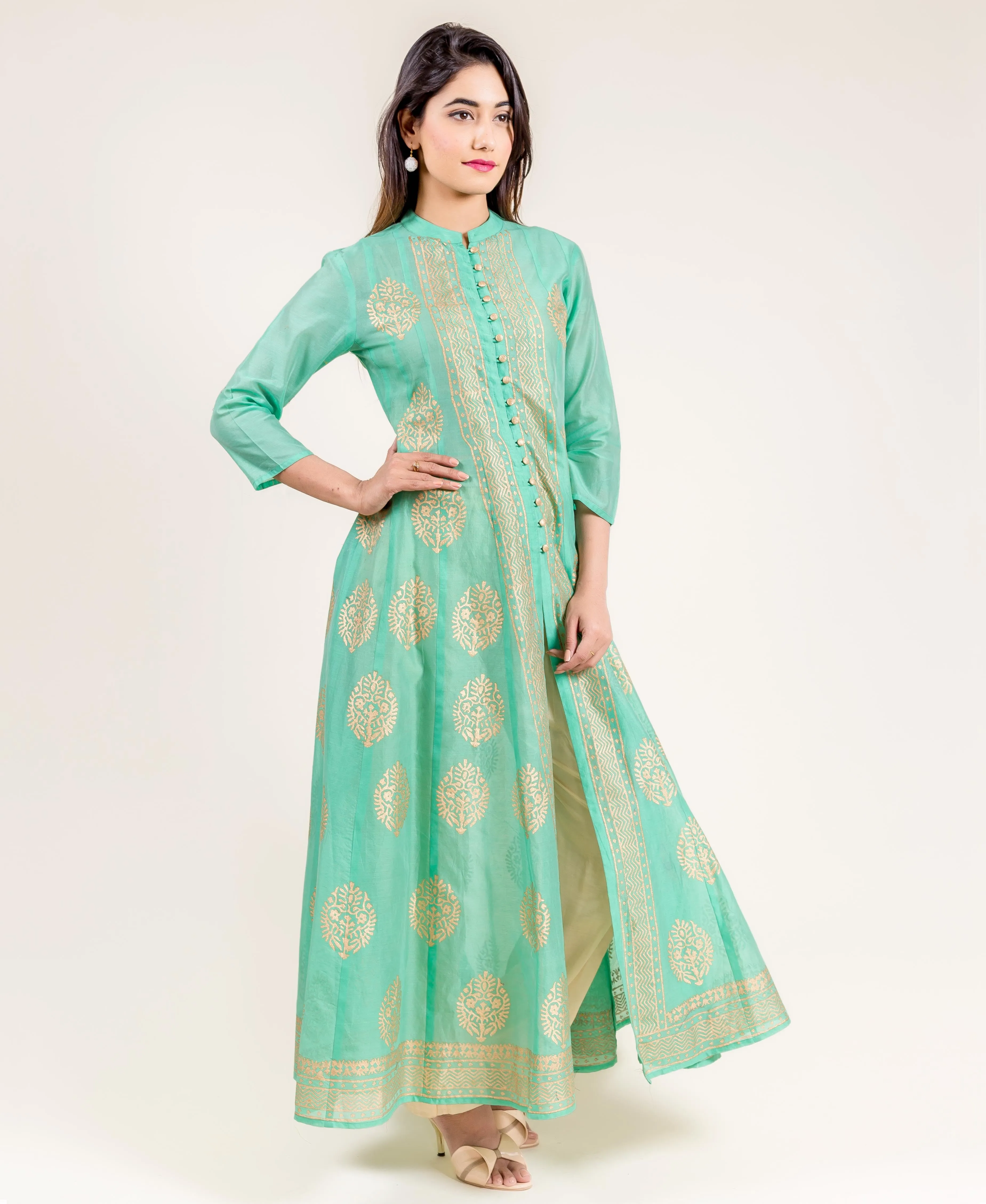 Green Chanderi Anarkali Long Dress with Front Slit