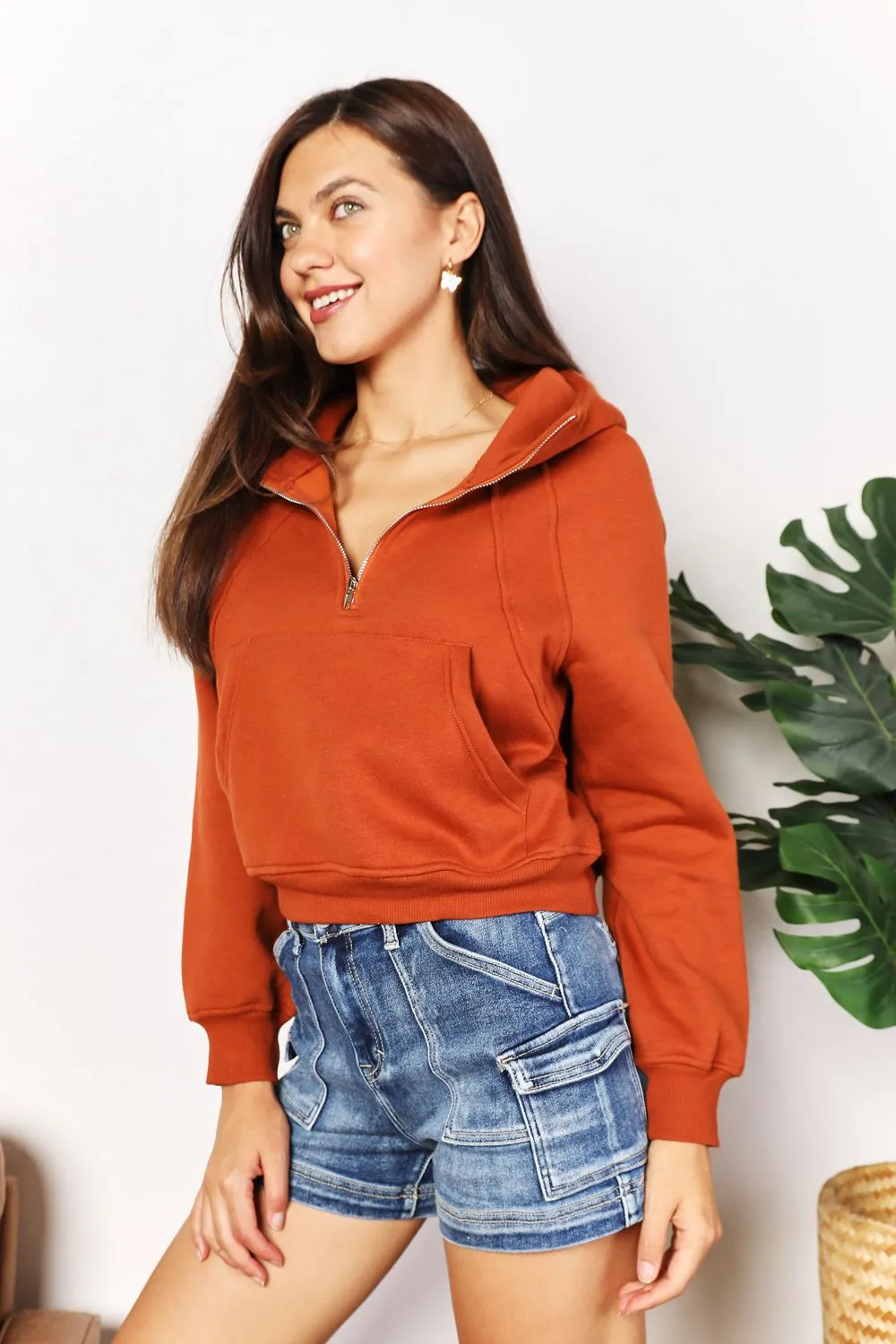 Half-Zip Long Sleeve Hoodie in Ochre