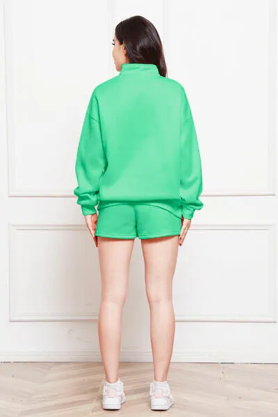 Half Zip Long Sleeve Sweatshirt and Drawstring Shorts Set