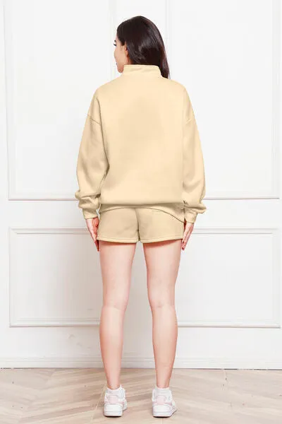 Half Zip Long Sleeve Sweatshirt and Drawstring Shorts Set