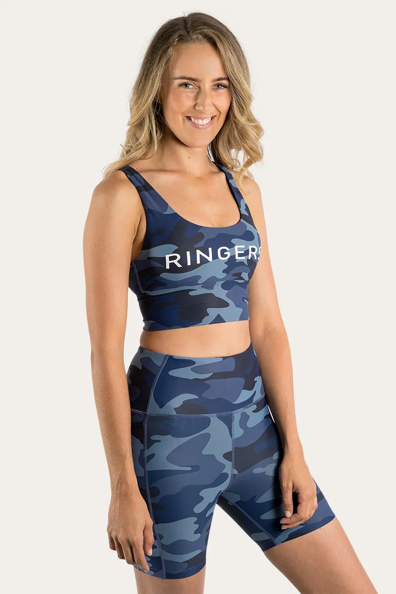 Harlow Womens Long Sports Bra - Navy with Camo Print