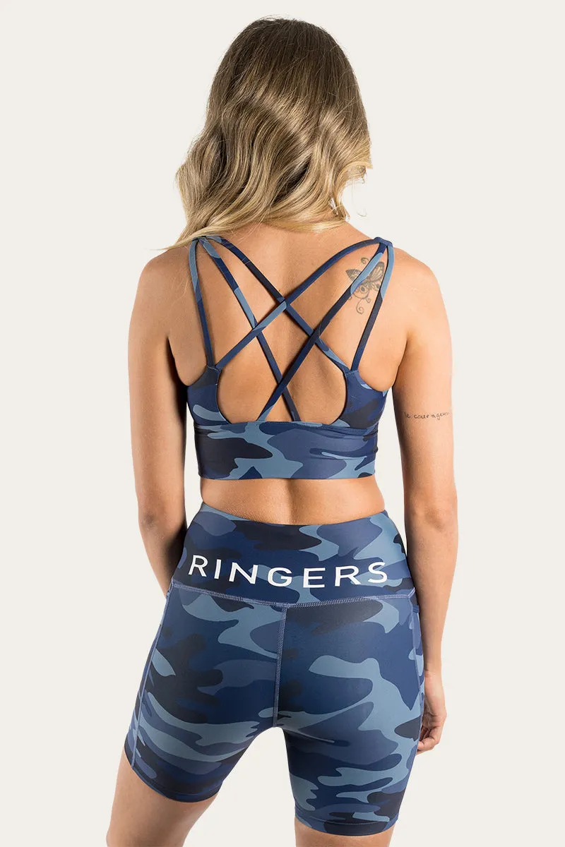 Harlow Womens Long Sports Bra - Navy with Camo Print