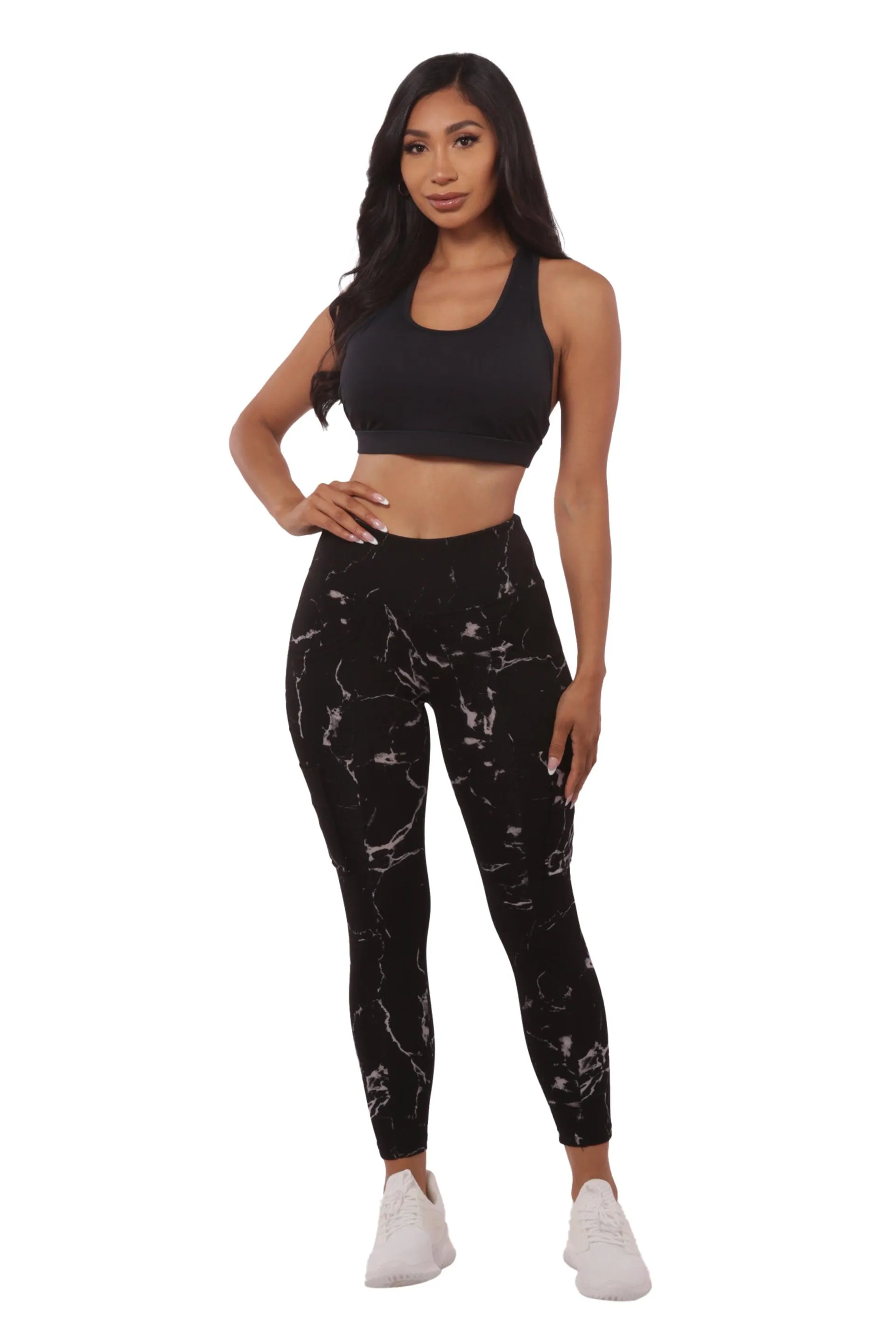 High Waist Sports Leggings With Cargo Pockets - Black & Gray Marble