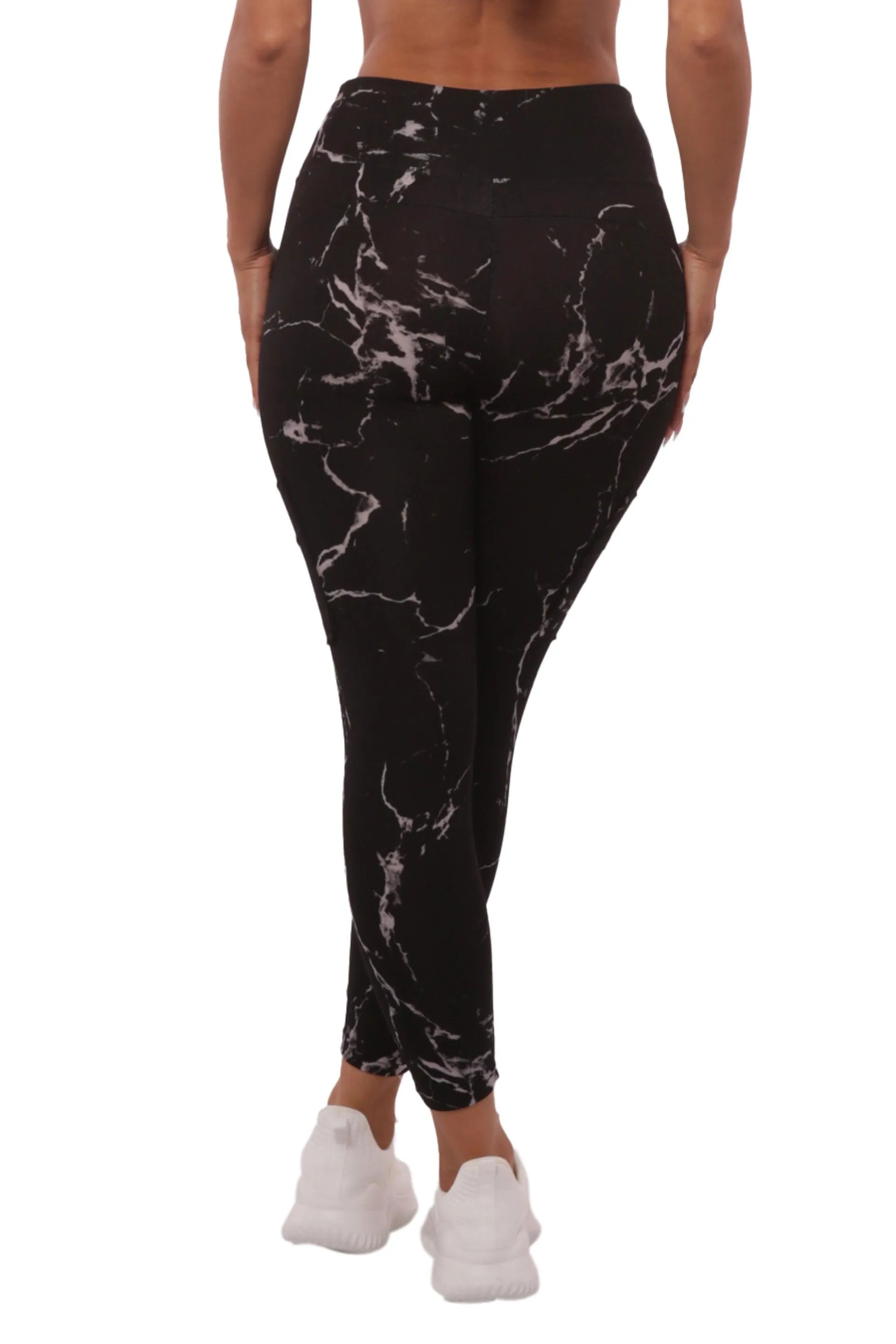 High Waist Sports Leggings With Cargo Pockets - Black & Gray Marble