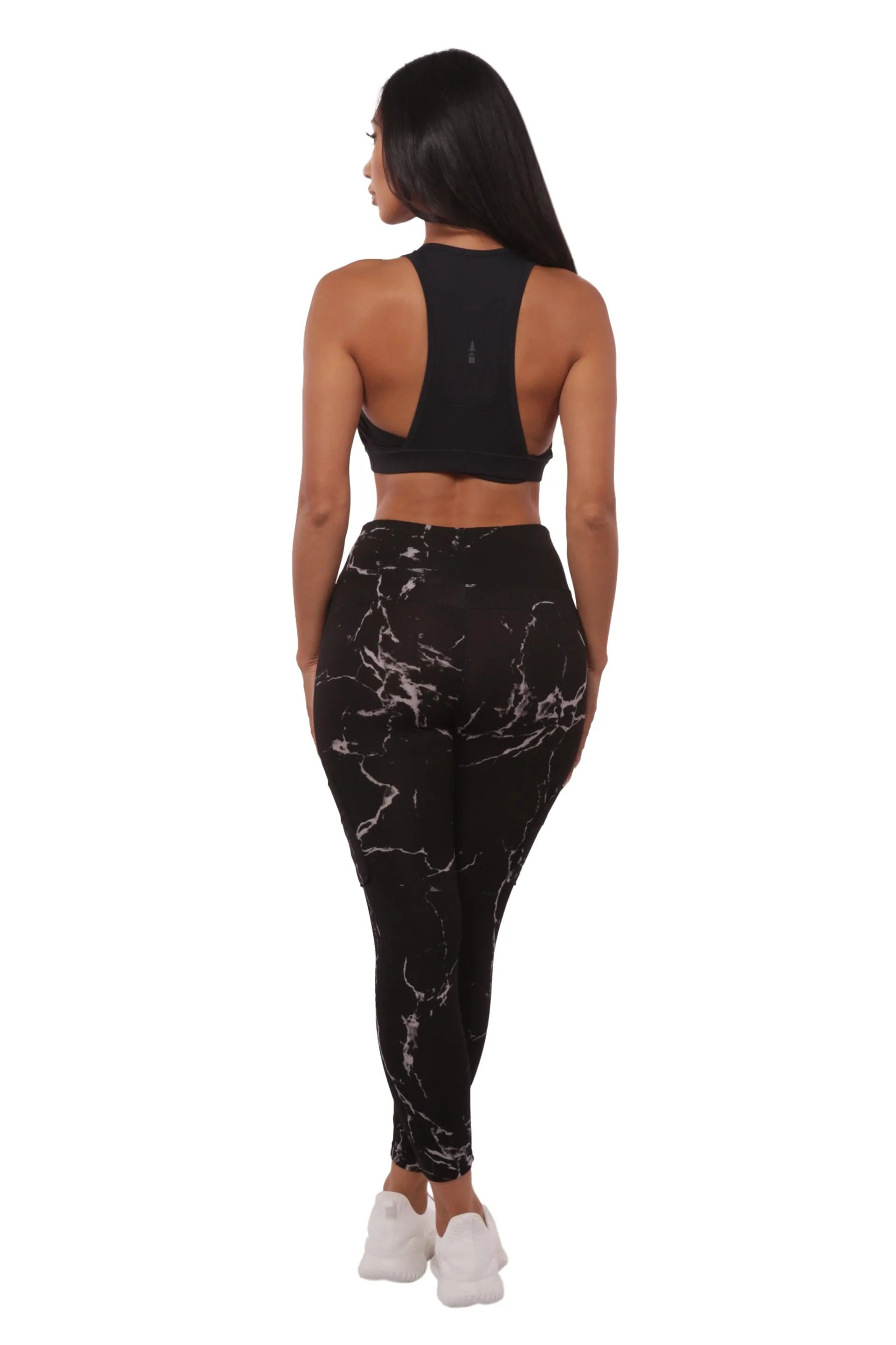 High Waist Sports Leggings With Cargo Pockets - Black & Gray Marble