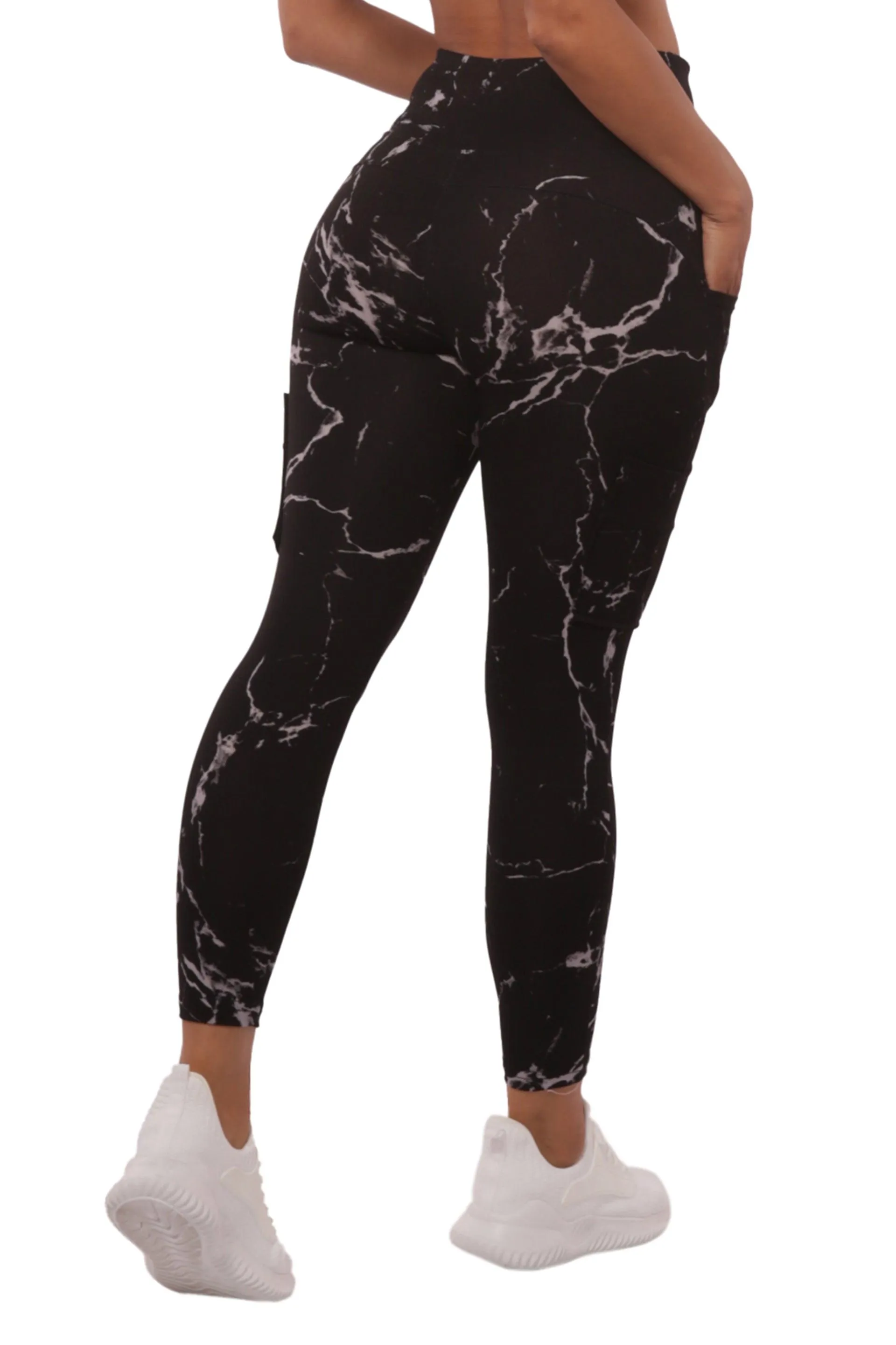 High Waist Sports Leggings With Cargo Pockets - Black & Gray Marble