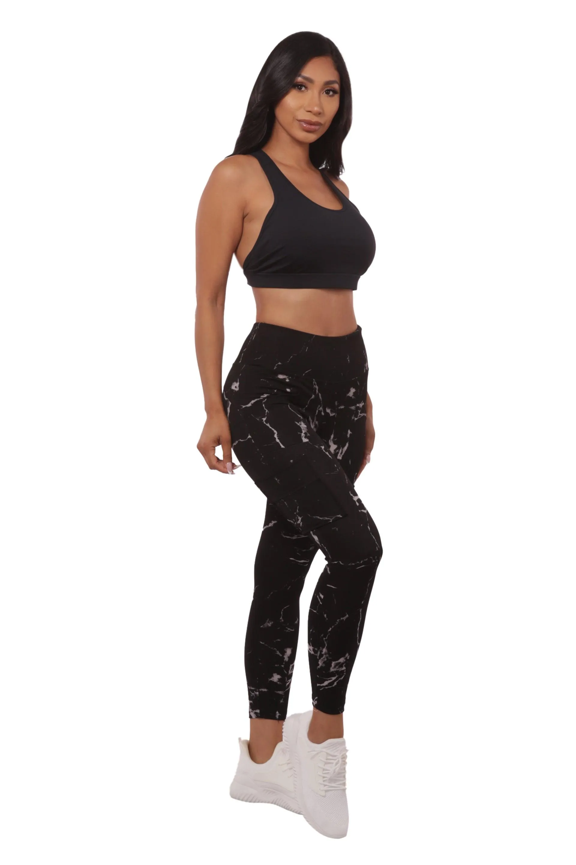 High Waist Sports Leggings With Cargo Pockets - Black & Gray Marble