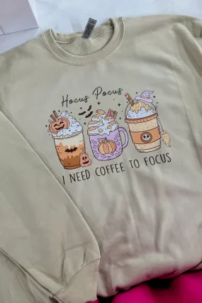 I Need Coffee To Focus Graphic Crewneck Sweater, Sand