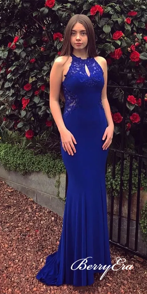 Keyhole Long Mermaid Royal Blue Prom Dresses, Jersey Lace Prom Dresses, Long Prom Dresses