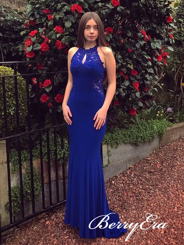 Keyhole Long Mermaid Royal Blue Prom Dresses, Jersey Lace Prom Dresses, Long Prom Dresses