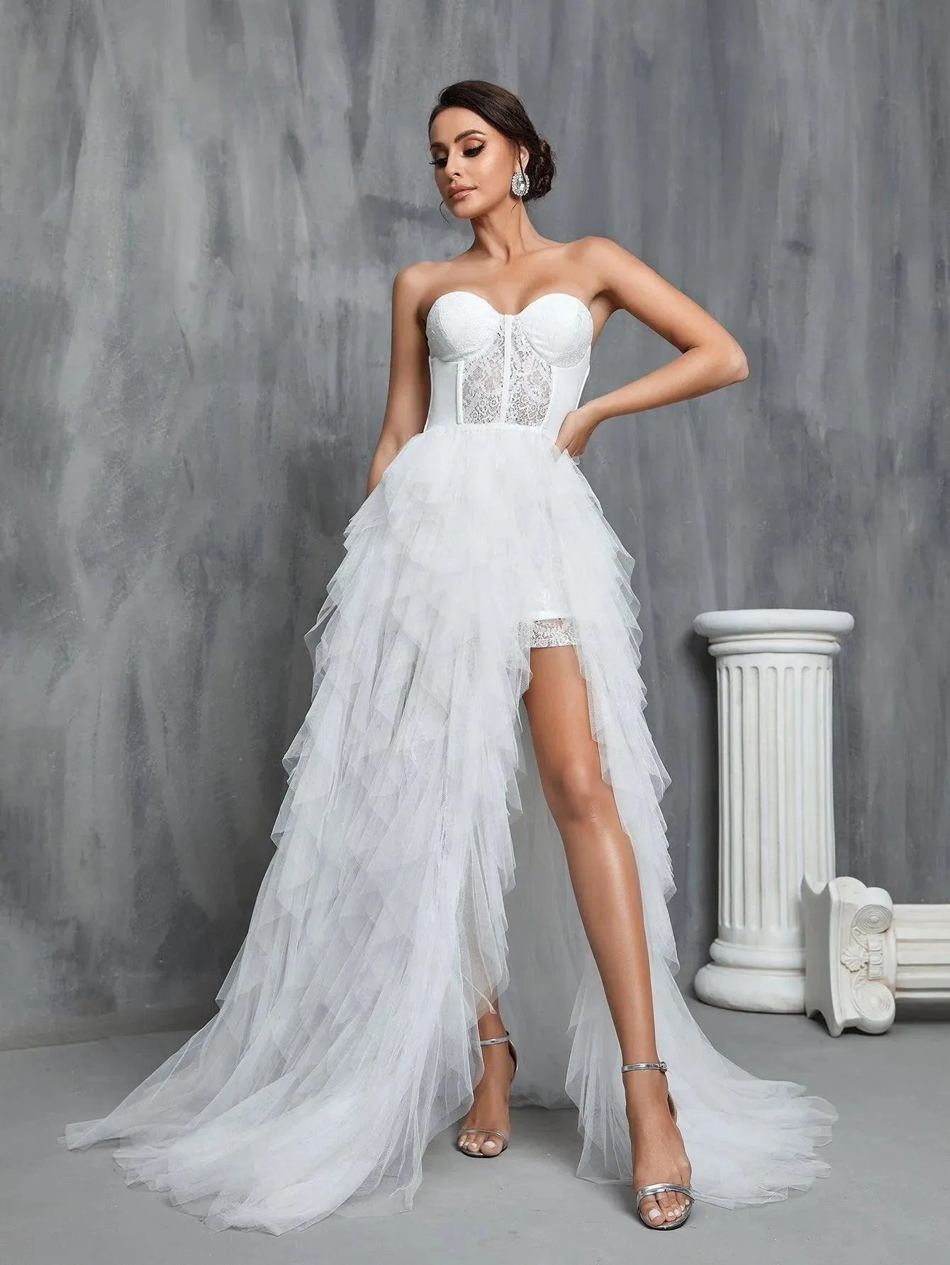 Lace Bodice Contrast Layered Mesh Hem Wedding Dress