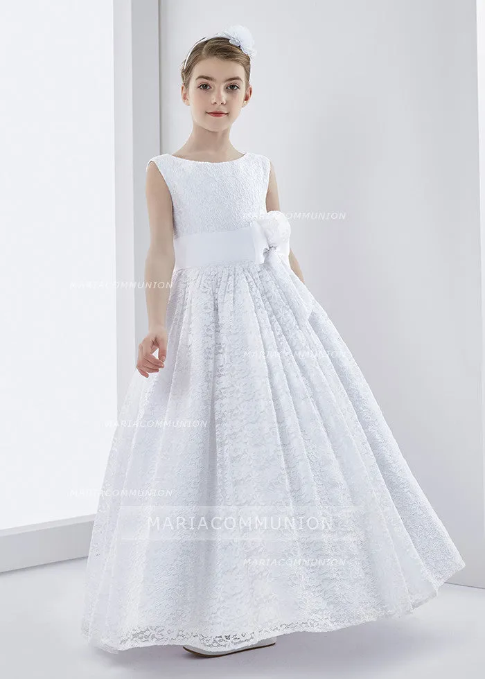 Lace Sleeveless A-Line First Communion Dress With Bow Ribbon