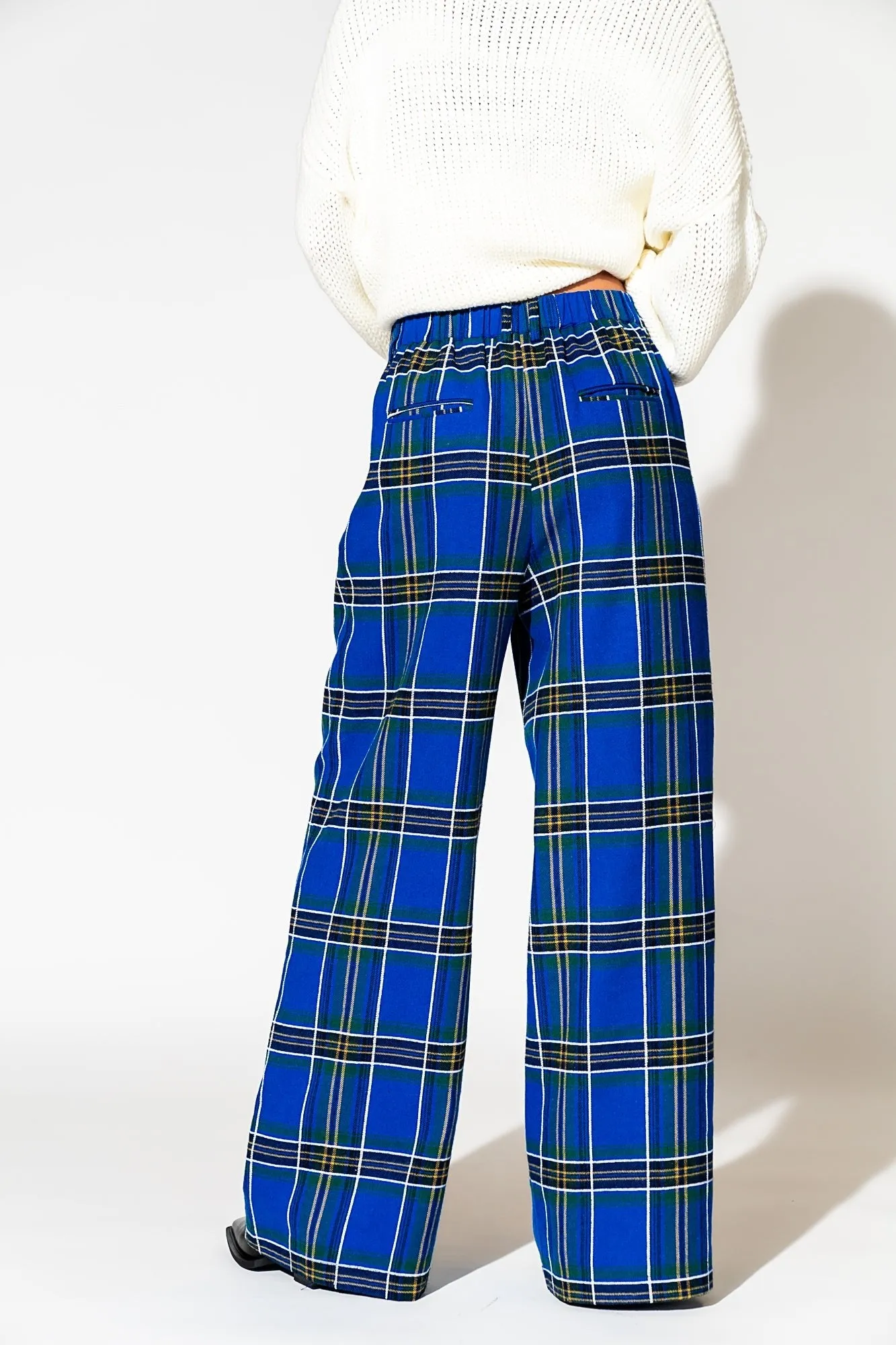 Lovers Lane Plaid Wide Leg Trousers in Cobalt Blue