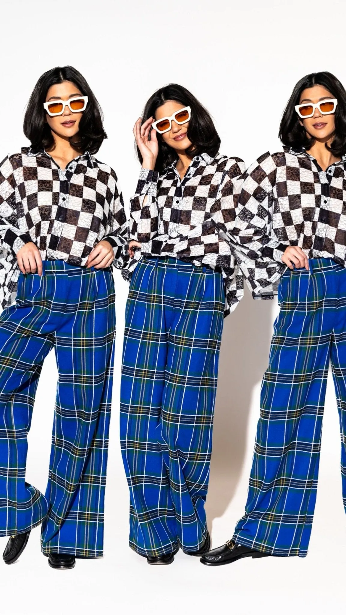 Lovers Lane Plaid Wide Leg Trousers in Cobalt Blue