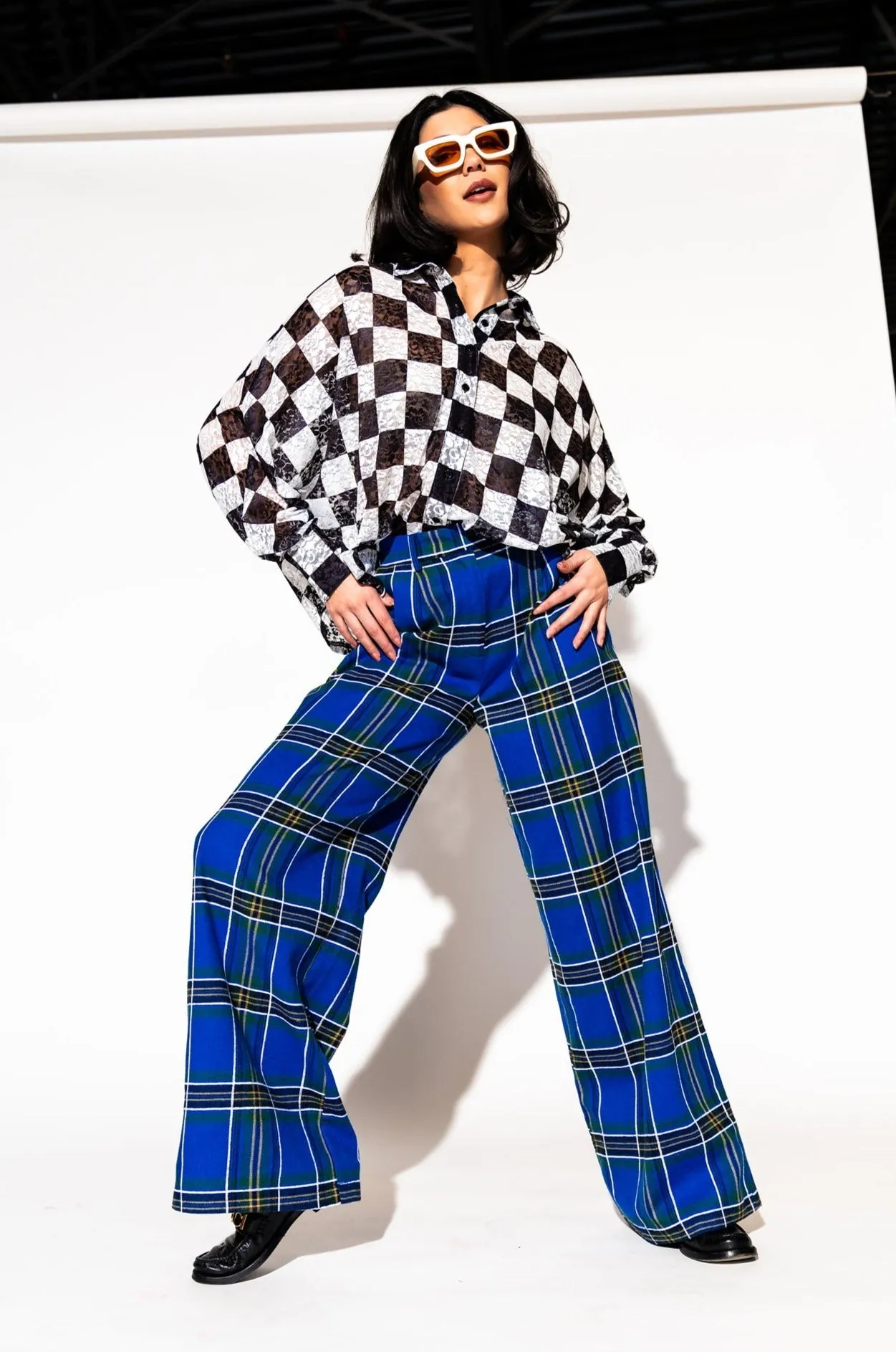 Lovers Lane Plaid Wide Leg Trousers in Cobalt Blue