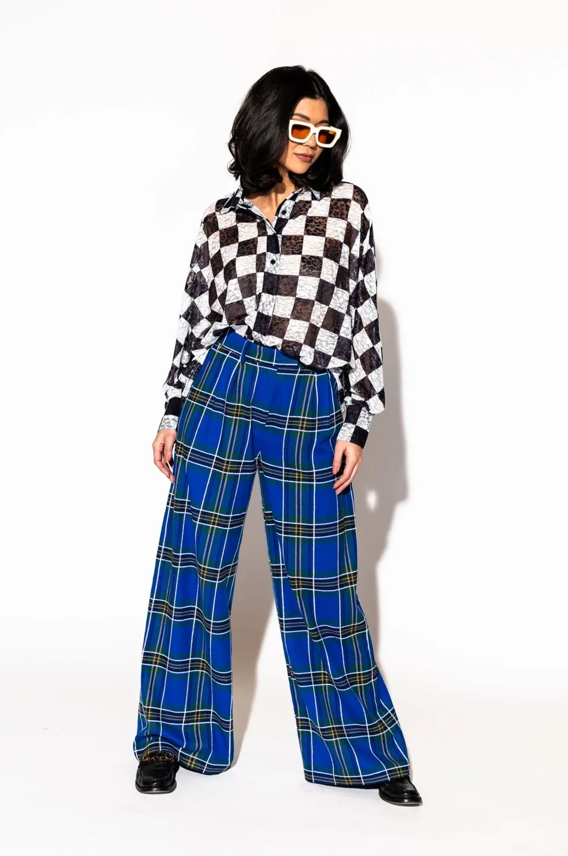 Lovers Lane Plaid Wide Leg Trousers in Cobalt Blue