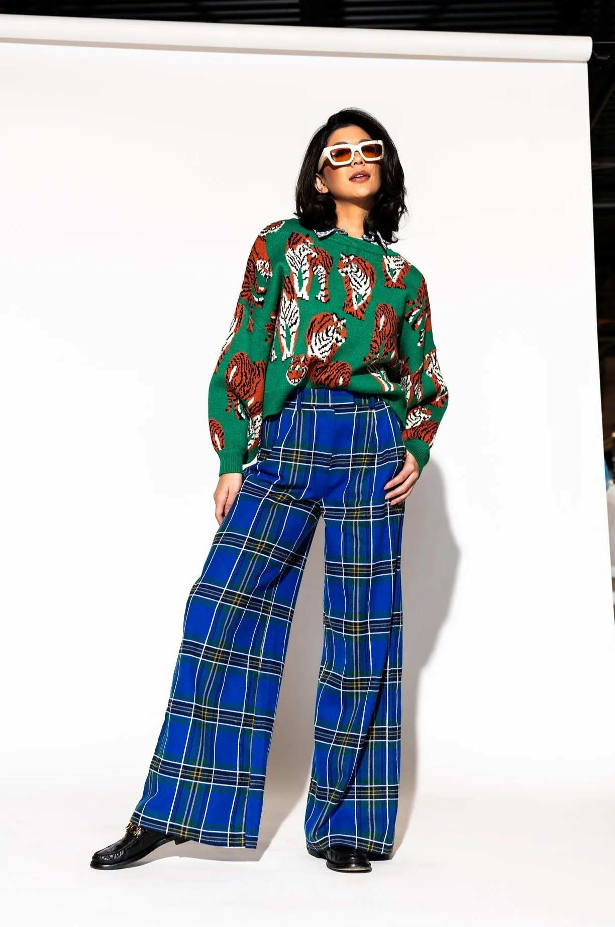 Lovers Lane Plaid Wide Leg Trousers in Cobalt Blue