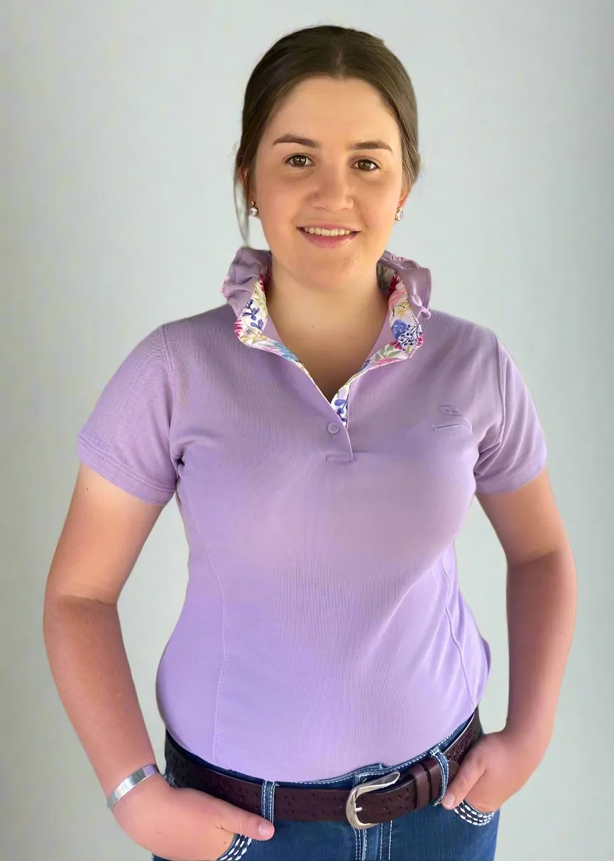 Margot- Mauve Ruffle Polo Shirt with pretty floral trim