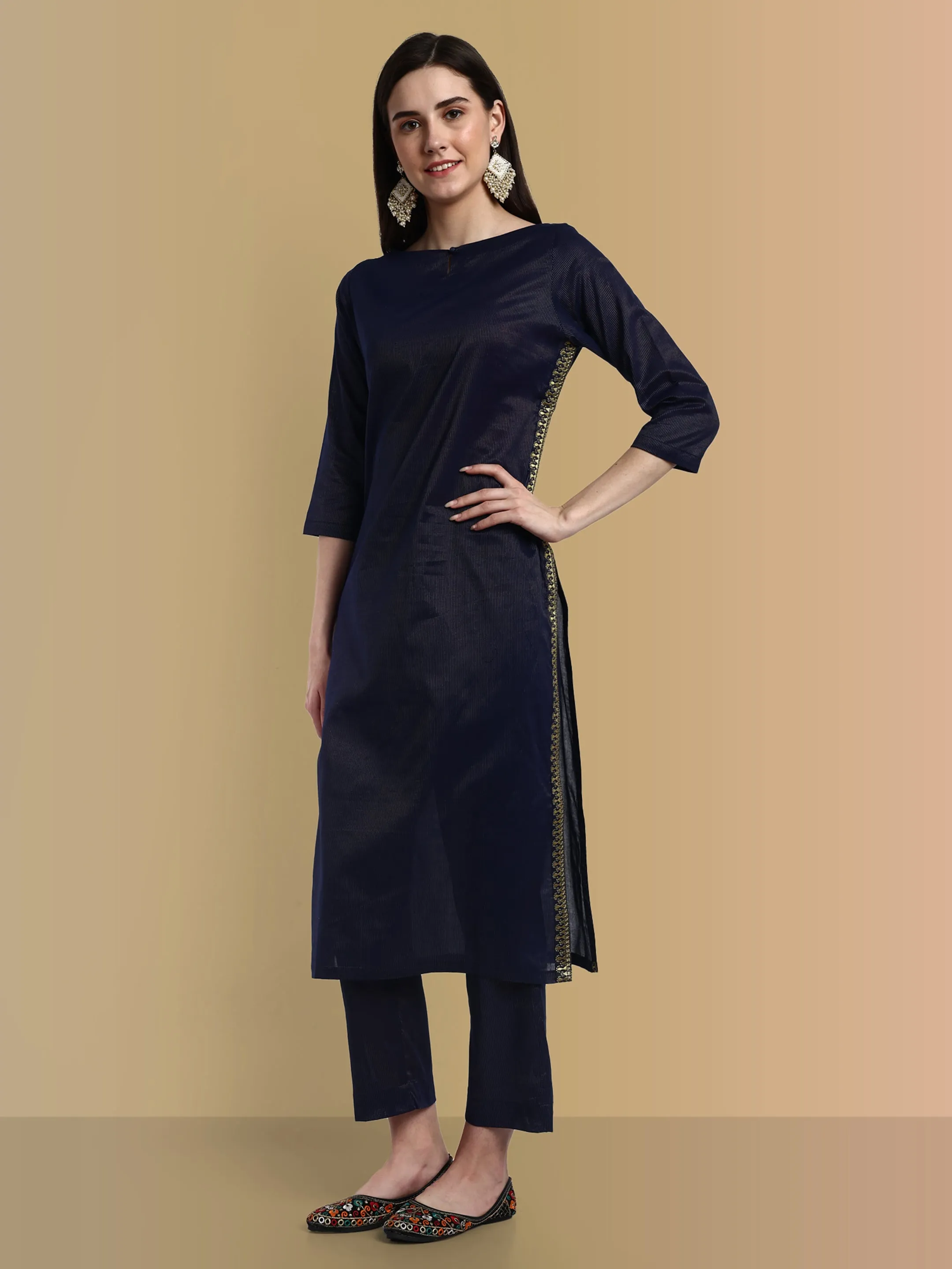 Midnight blue side Embriodery Kurta with elasticated pant - Set of 2