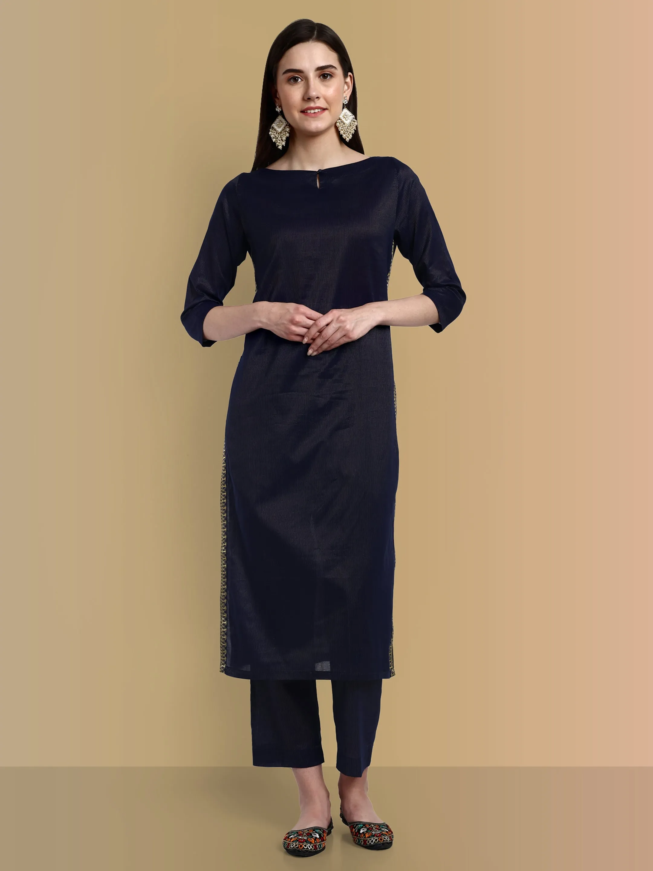 Midnight blue side Embriodery Kurta with elasticated pant - Set of 2