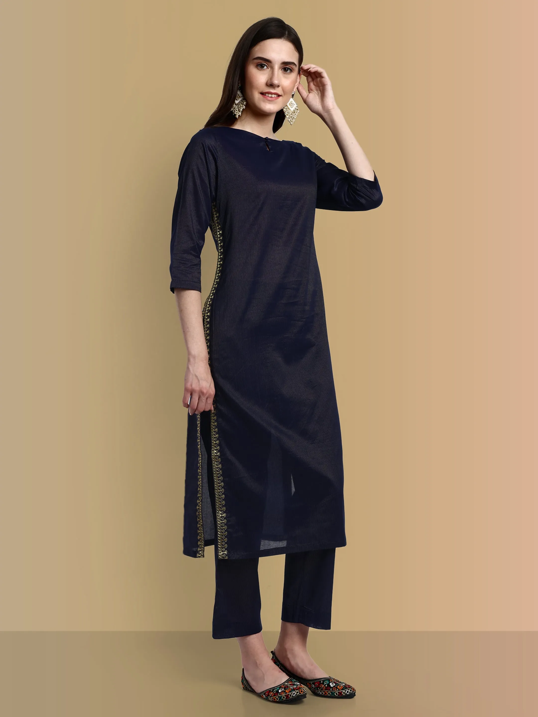 Midnight blue side Embriodery Kurta with elasticated pant - Set of 2